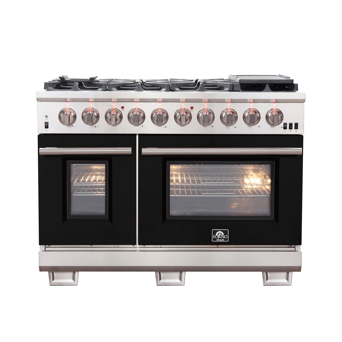 FORNO Capriasca 48-inch Gas Range Stainless Steel, 8 Brass Burners 160,000 BTU, 6.58 cu.ft. Double Oven, Black Doors FORNO