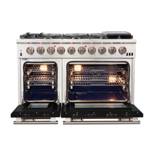 FORNO Capriasca 48-inch Gas Range Stainless Steel, 8 Brass Burners 160,000 BTU, 6.58 cu.ft. Double Oven, Black Doors FORNO