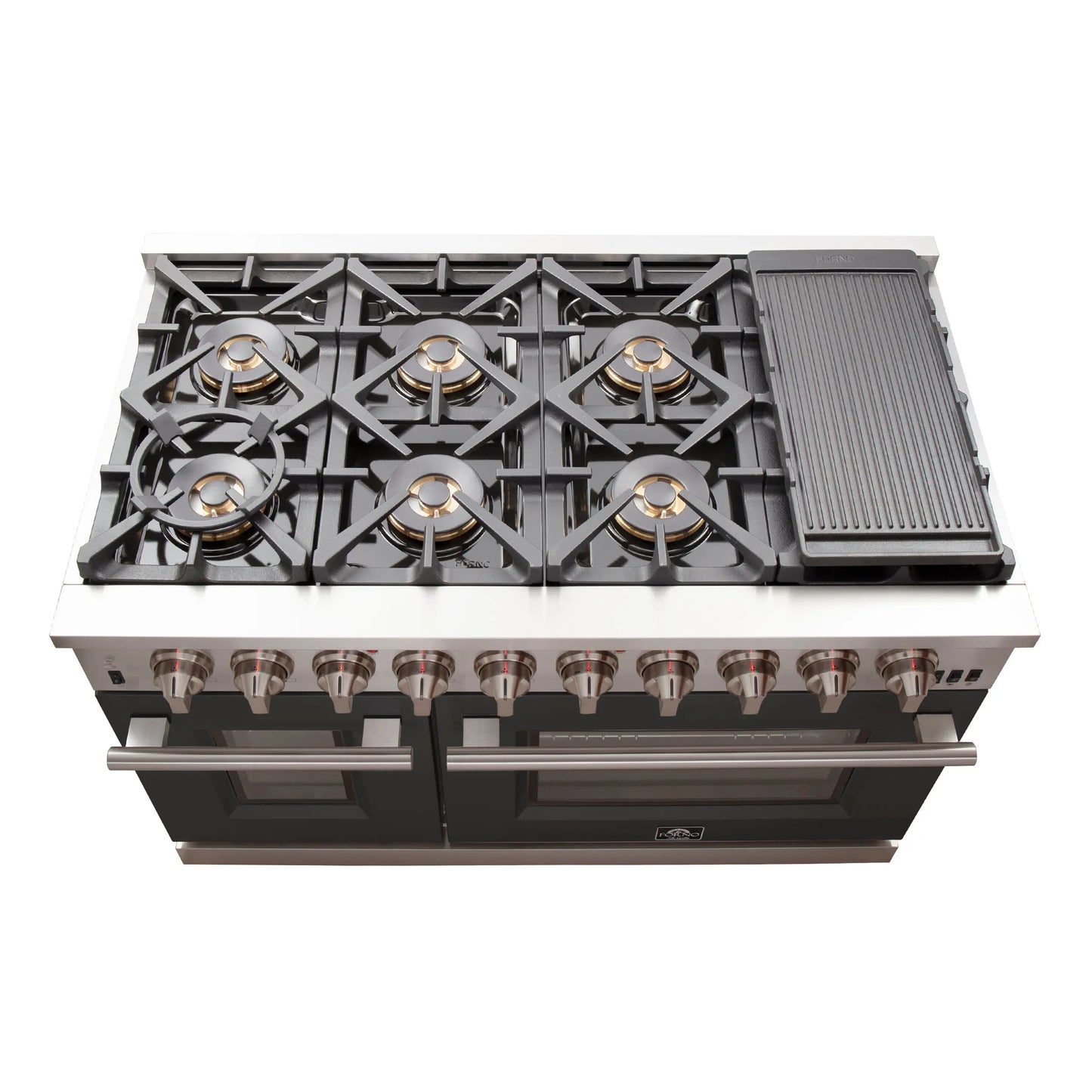 FORNO Capriasca 48-inch Gas Range Stainless Steel, 8 Brass Burners 160,000 BTU, 6.58 cu.ft. Double Oven, Black Doors FORNO