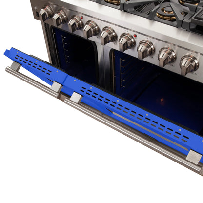 FORNO Capriasca 48-inch Gas Range Stainless Steel, 8 Brass Burners 160,000 BTU, 6.58 cu.ft. Double Oven, Blue Doors FORNO