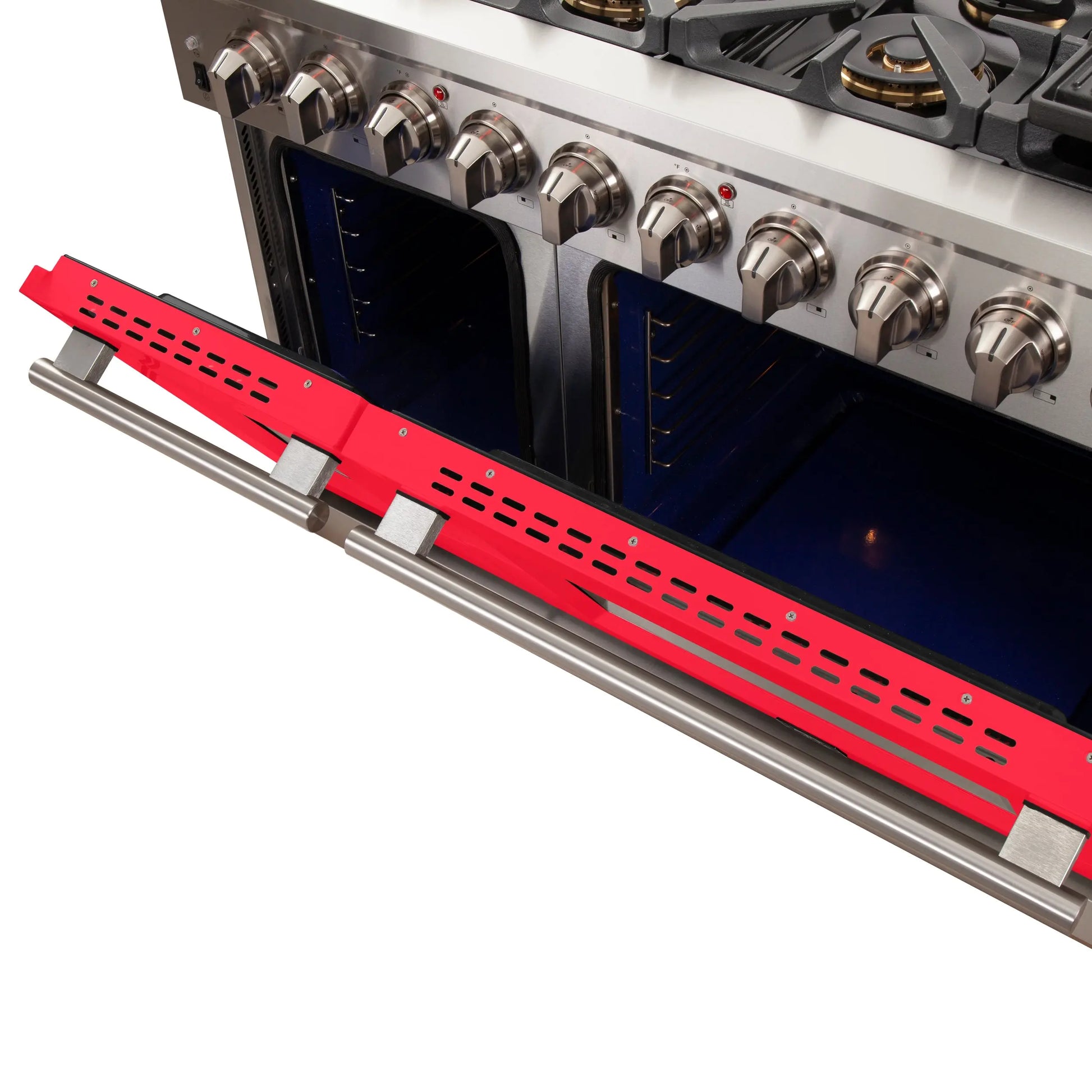 FORNO Capriasca 48-inch Gas Range Stainless Steel, 8 Brass Burners 160,000 BTU, 6.58 cu.ft. Double Oven, Red Doors FORNO