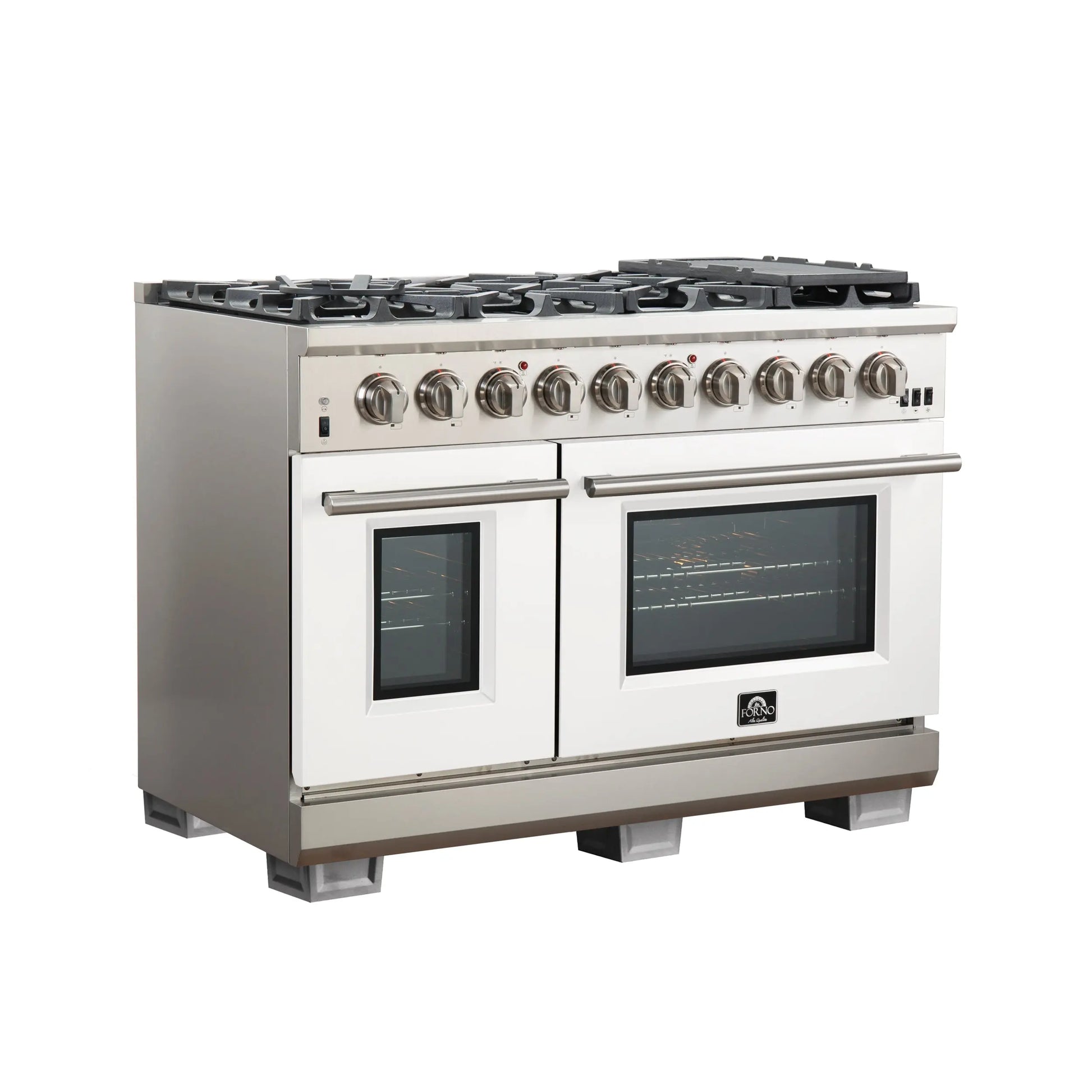 FORNO Capriasca 48-inch Gas Range Stainless Steel, 8 Brass Burners 160,000 BTU, 6.58 cu.ft. Double Oven, White Doors FORNO