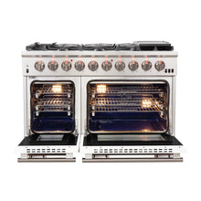 FORNO Capriasca 48-inch Gas Range Stainless Steel, 8 Brass Burners 160,000 BTU, 6.58 cu.ft. Double Oven, White Doors FORNO
