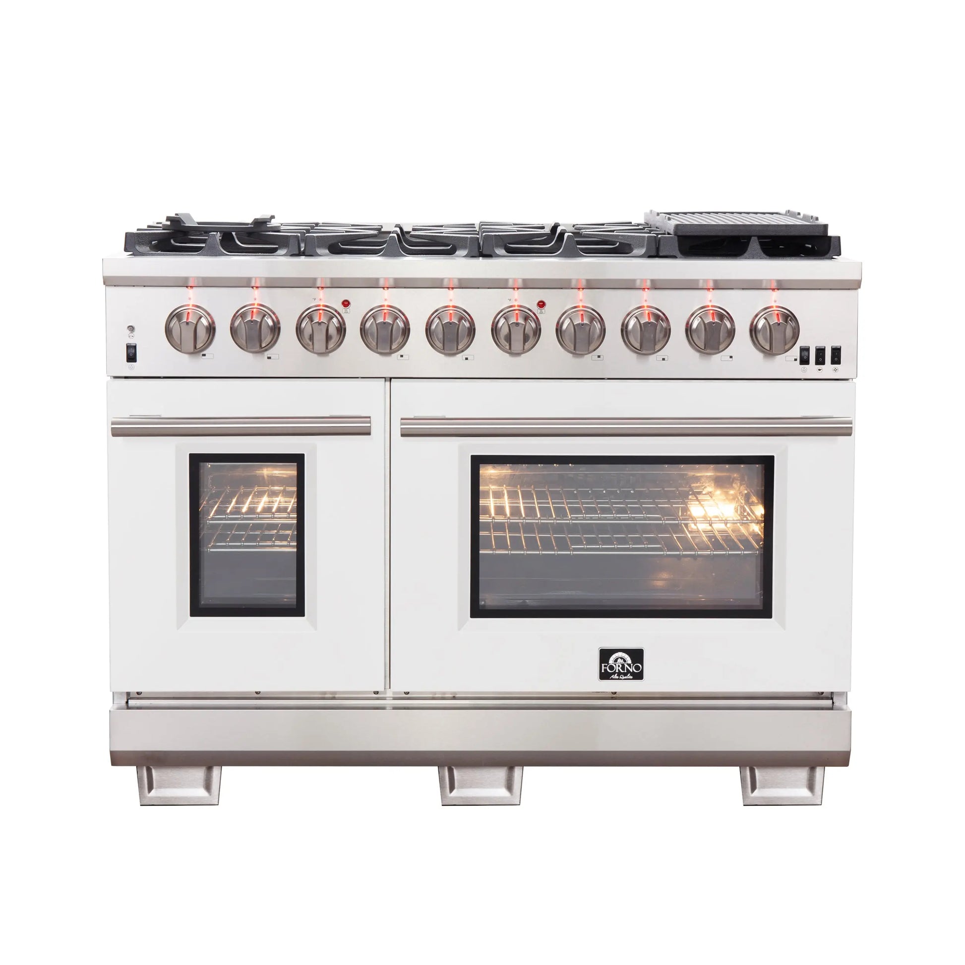 FORNO Capriasca 48-inch Gas Range Stainless Steel, 8 Brass Burners 160,000 BTU, 6.58 cu.ft. Double Oven, White Doors FORNO