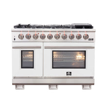 FORNO Capriasca 48-inch Gas Range Stainless Steel, 8 Brass Burners 160,000 BTU, 6.58 cu.ft. Double Oven, White Doors FORNO