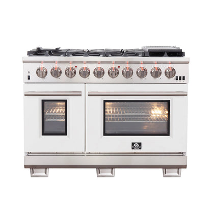 FORNO Capriasca 48-inch Gas Range Stainless Steel, 8 Brass Burners 160,000 BTU, 6.58 cu.ft. Double Oven, White Doors FORNO