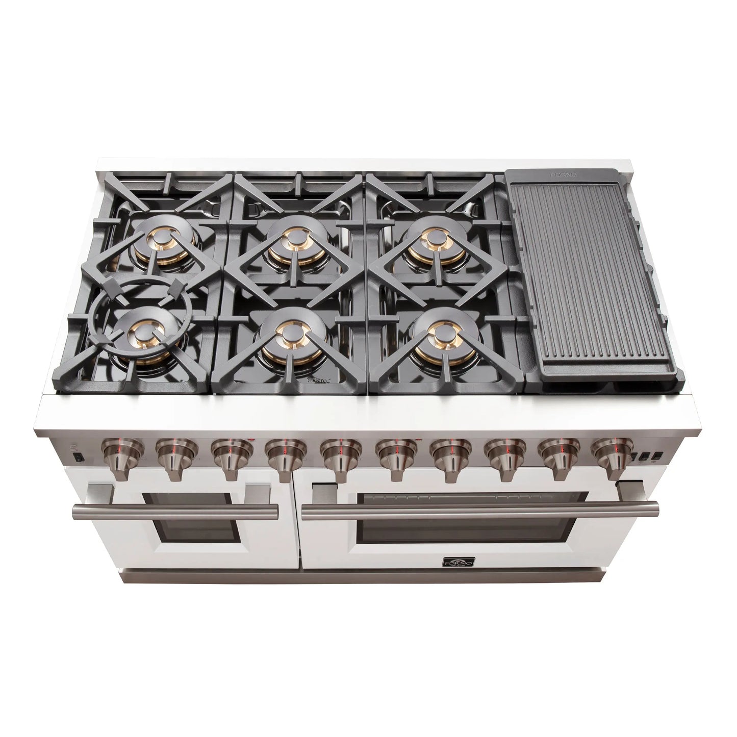FORNO Capriasca 48-inch Gas Range Stainless Steel, 8 Brass Burners 160,000 BTU, 6.58 cu.ft. Double Oven, White Doors FORNO