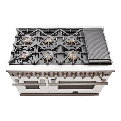 FORNO Capriasca 48-inch Gas Range Stainless Steel, 8 Brass Burners 160,000 BTU, 6.58 cu.ft. Double Oven, White Doors FORNO