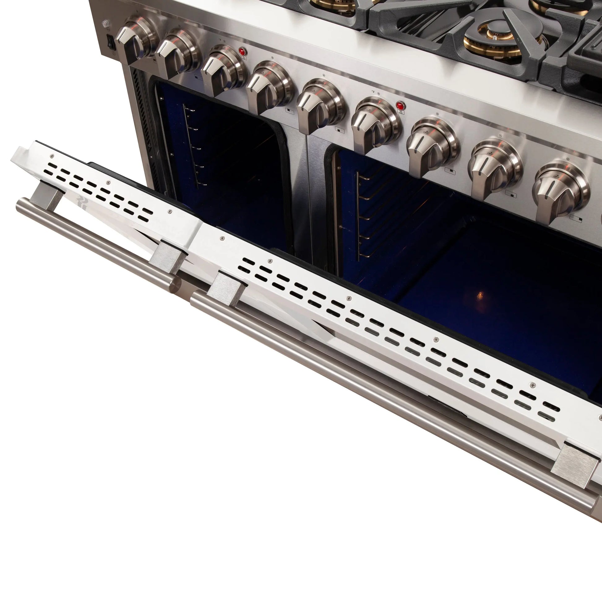FORNO Capriasca 48-inch Gas Range Stainless Steel, 8 Brass Burners 160,000 BTU, 6.58 cu.ft. Double Oven, White Doors FORNO