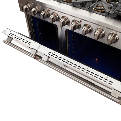 FORNO Capriasca 48-inch Gas Range Stainless Steel, 8 Brass Burners 160,000 BTU, 6.58 cu.ft. Double Oven, White Doors FORNO