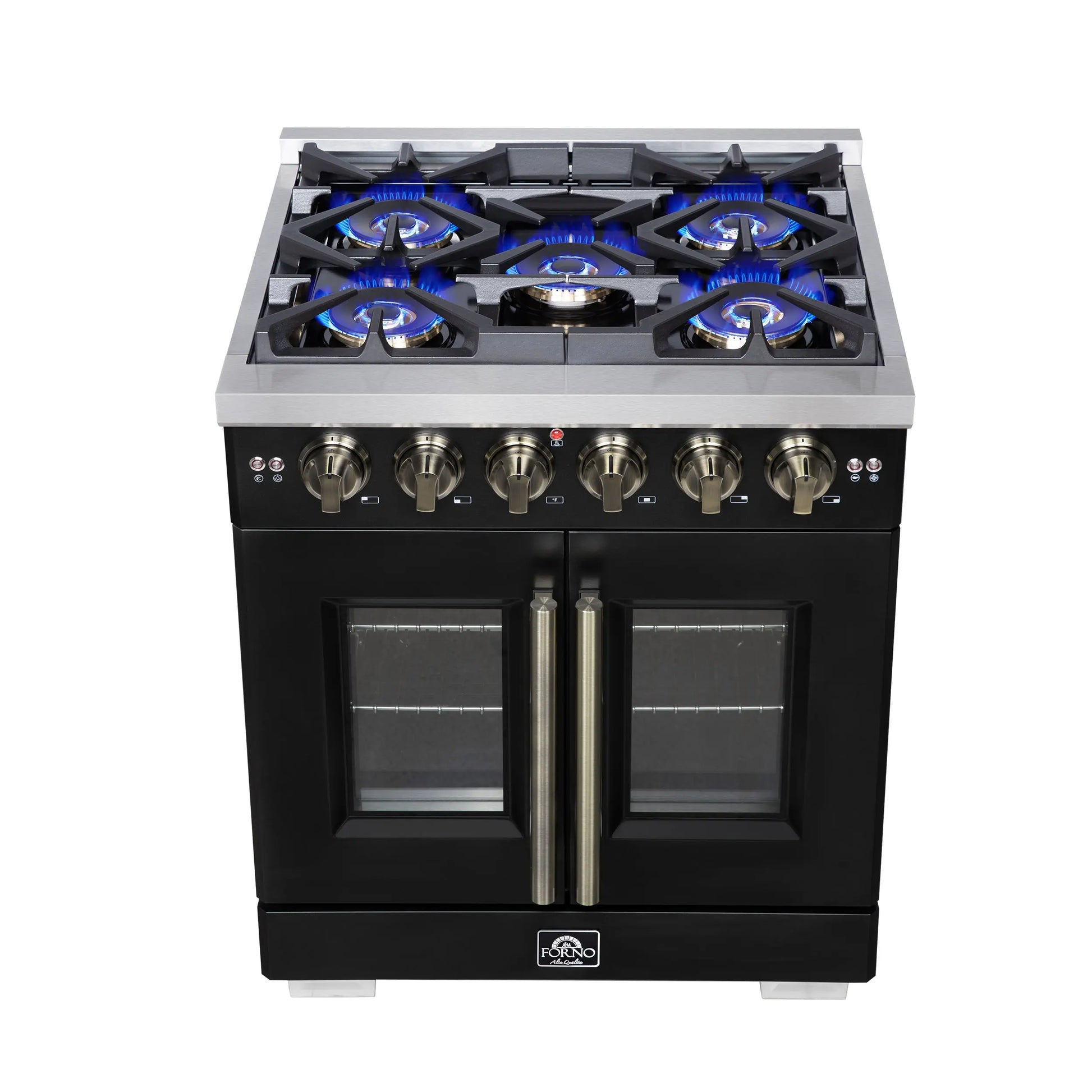 Forno Capriasca 30-Inch Freestanding French Door Gas Range, 4 Burners, Convection Oven, Energy Efficient FORNO