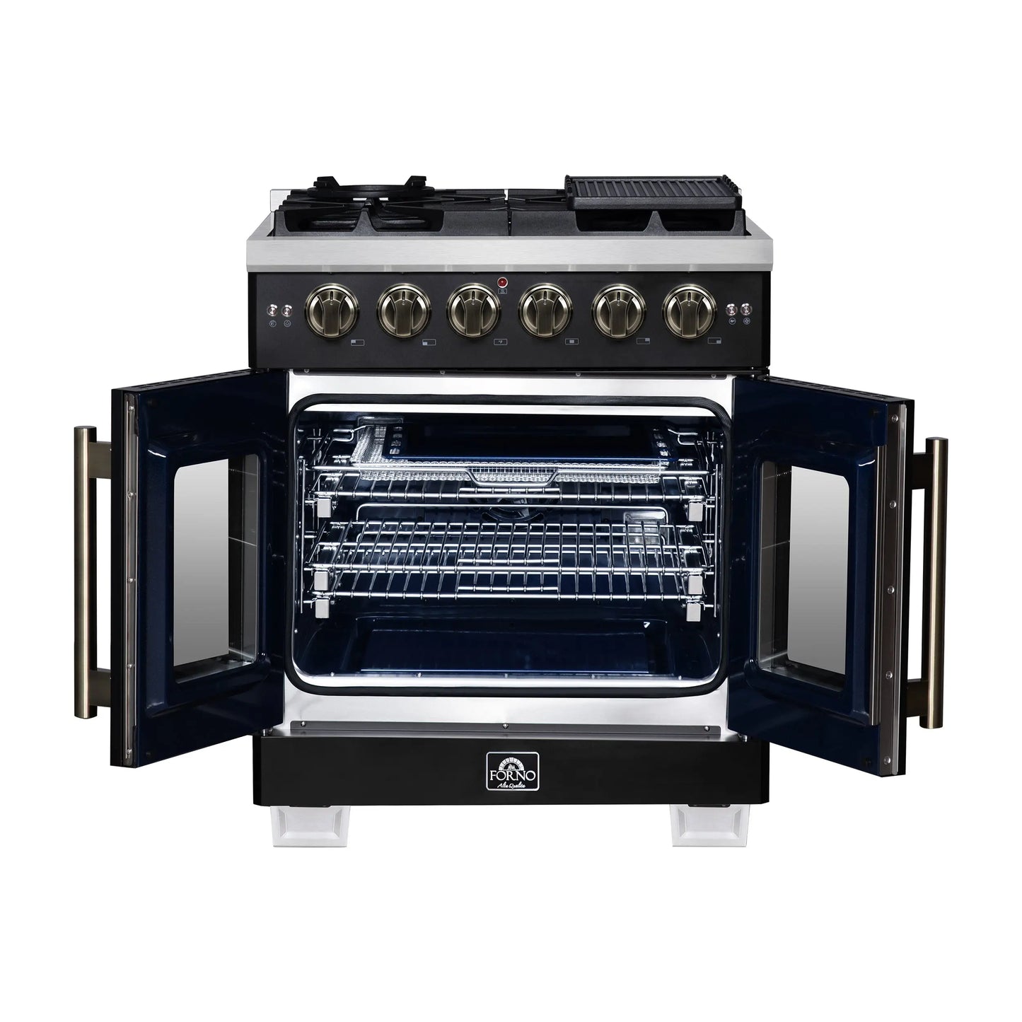 Forno Capriasca 30-Inch Freestanding French Door Gas Range, 4 Burners, Convection Oven, Energy Efficient FORNO