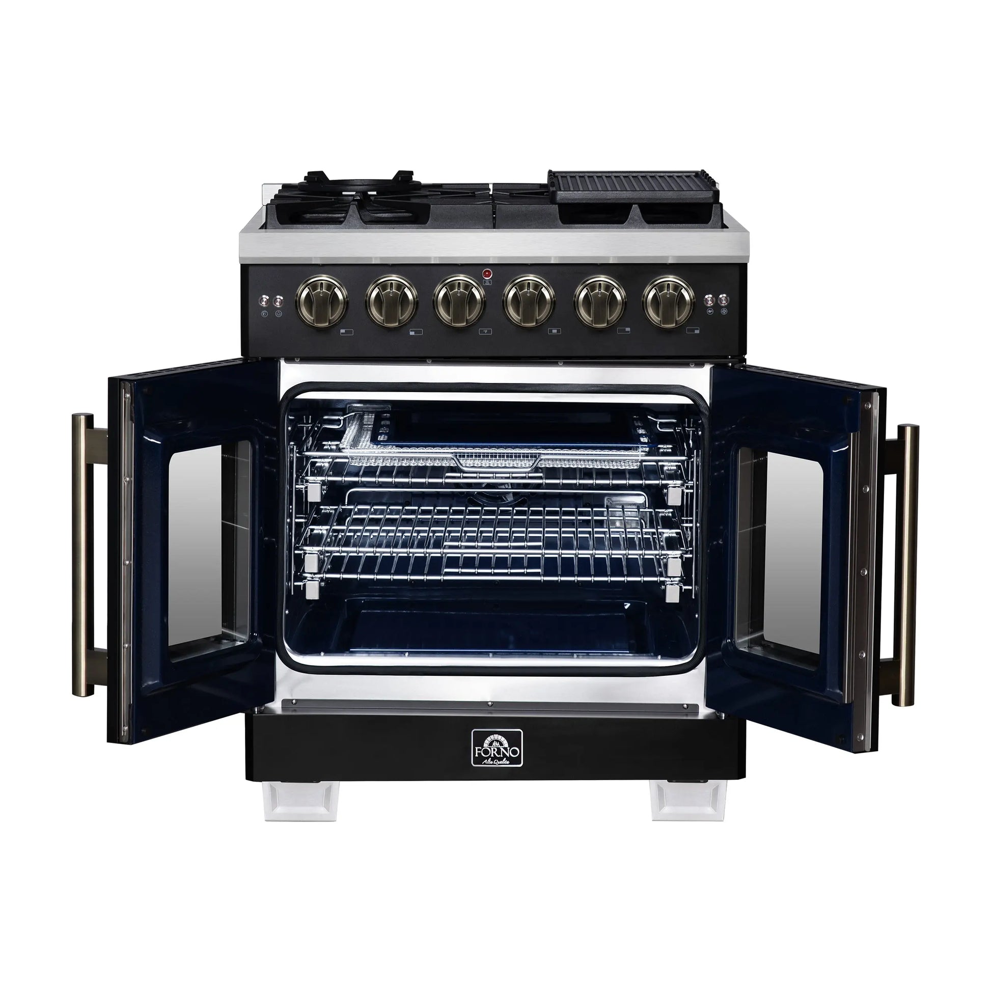 Forno Capriasca 30-Inch Freestanding French Door Gas Range, 4 Burners, Convection Oven, Energy Efficient FORNO
