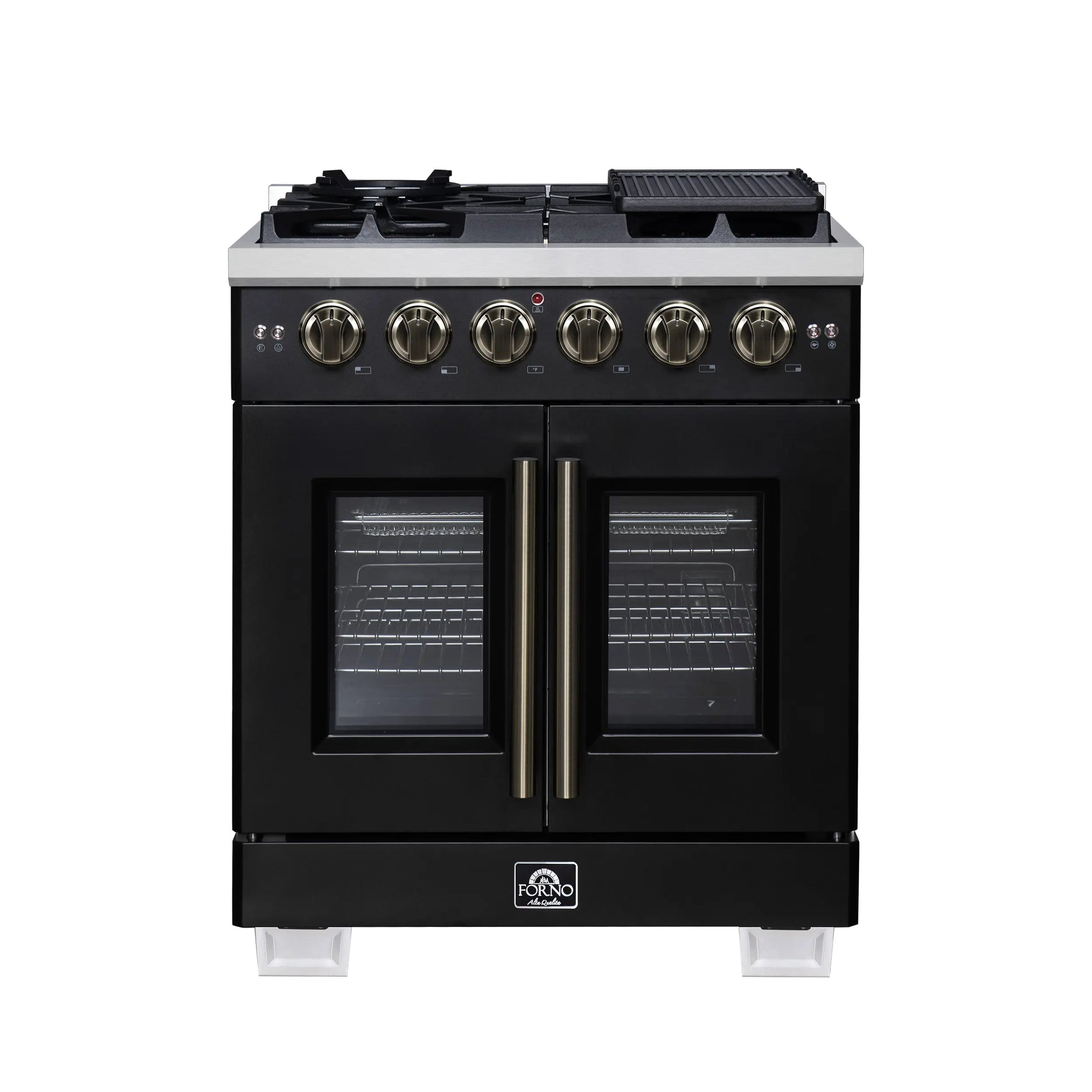 Forno Capriasca 30-Inch Freestanding French Door Gas Range, 4 Burners, Convection Oven, Energy Efficient FORNO