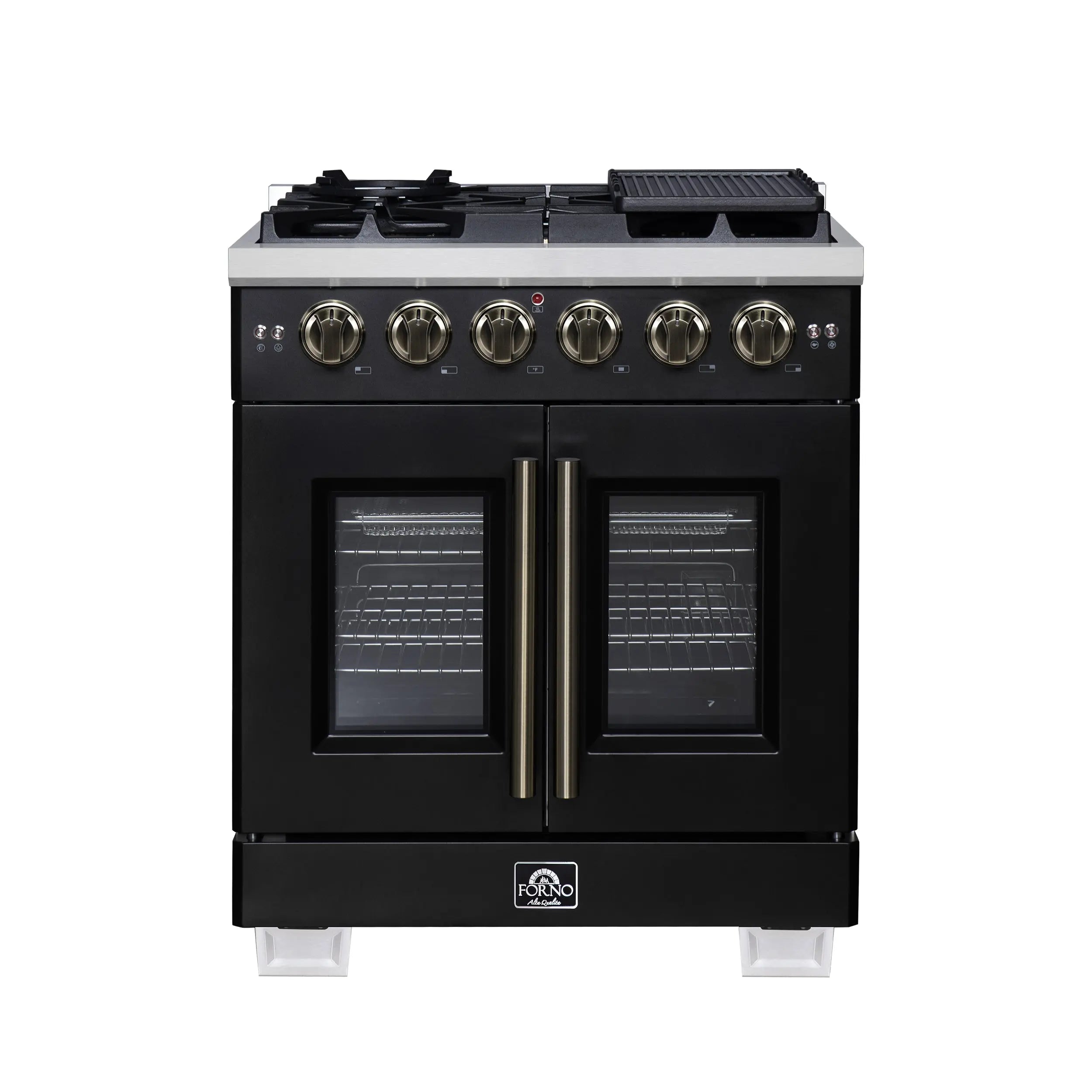 Forno Capriasca 30-Inch Freestanding French Door Gas Range, 4 Burners, Convection Oven, Energy Efficient FORNO