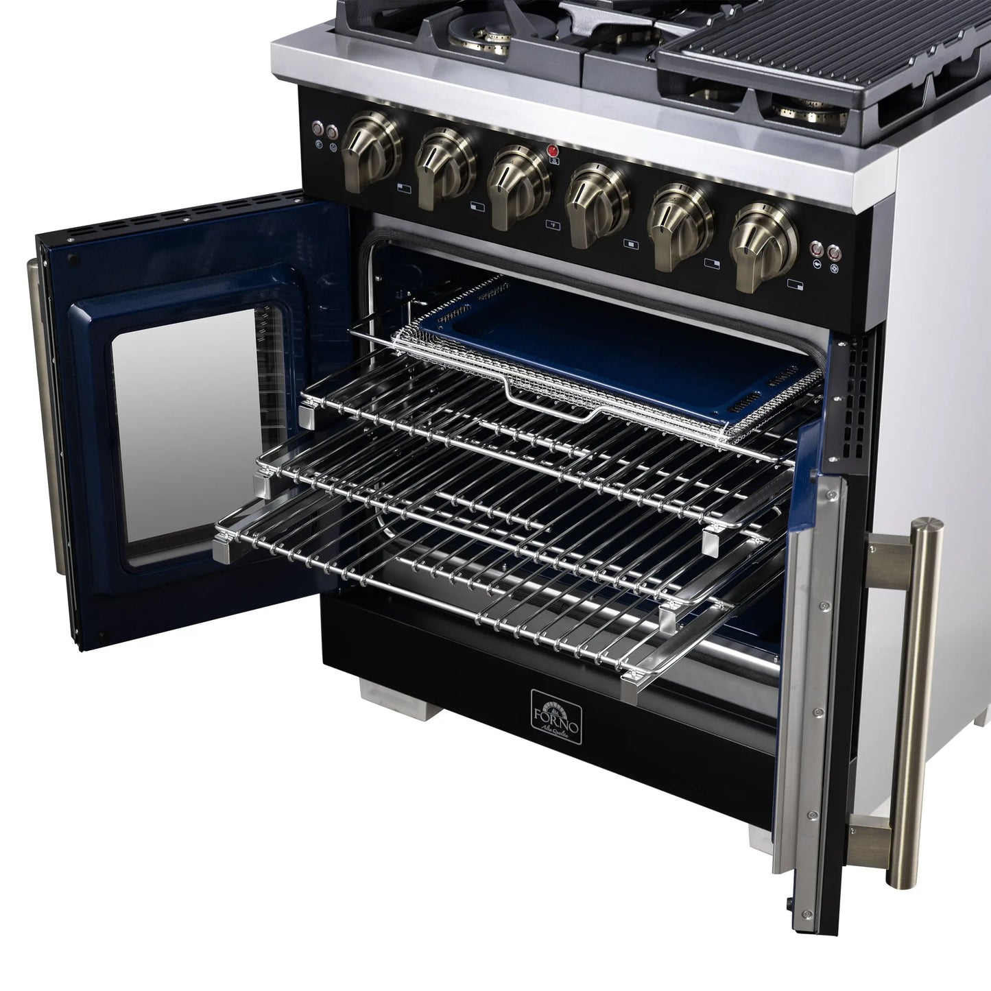 Forno Capriasca 30-Inch Freestanding French Door Gas Range, 4 Burners, Convection Oven, Energy Efficient FORNO