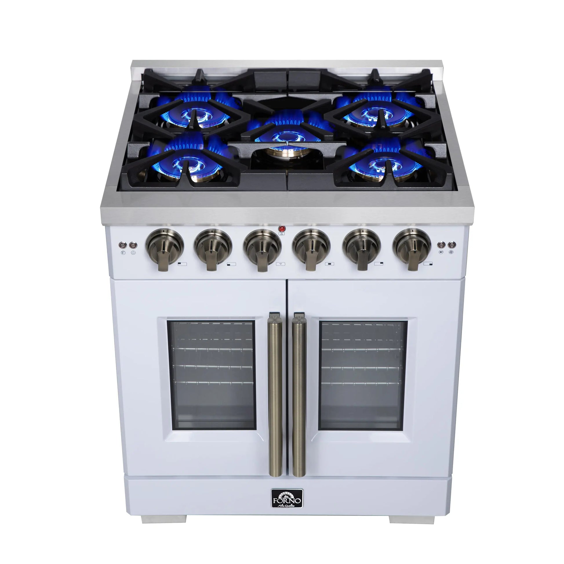 Forno Capriasca 30-Inch White Freestanding French Door Gas Range, 4 Burners, Convection Oven, Energy Efficient FORNO