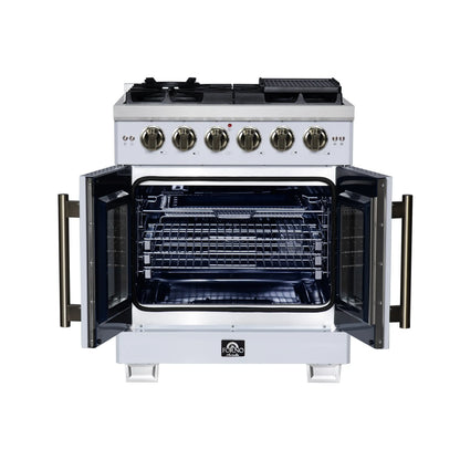 Forno Capriasca 30-Inch White Freestanding French Door Gas Range, 4 Burners, Convection Oven, Energy Efficient FORNO