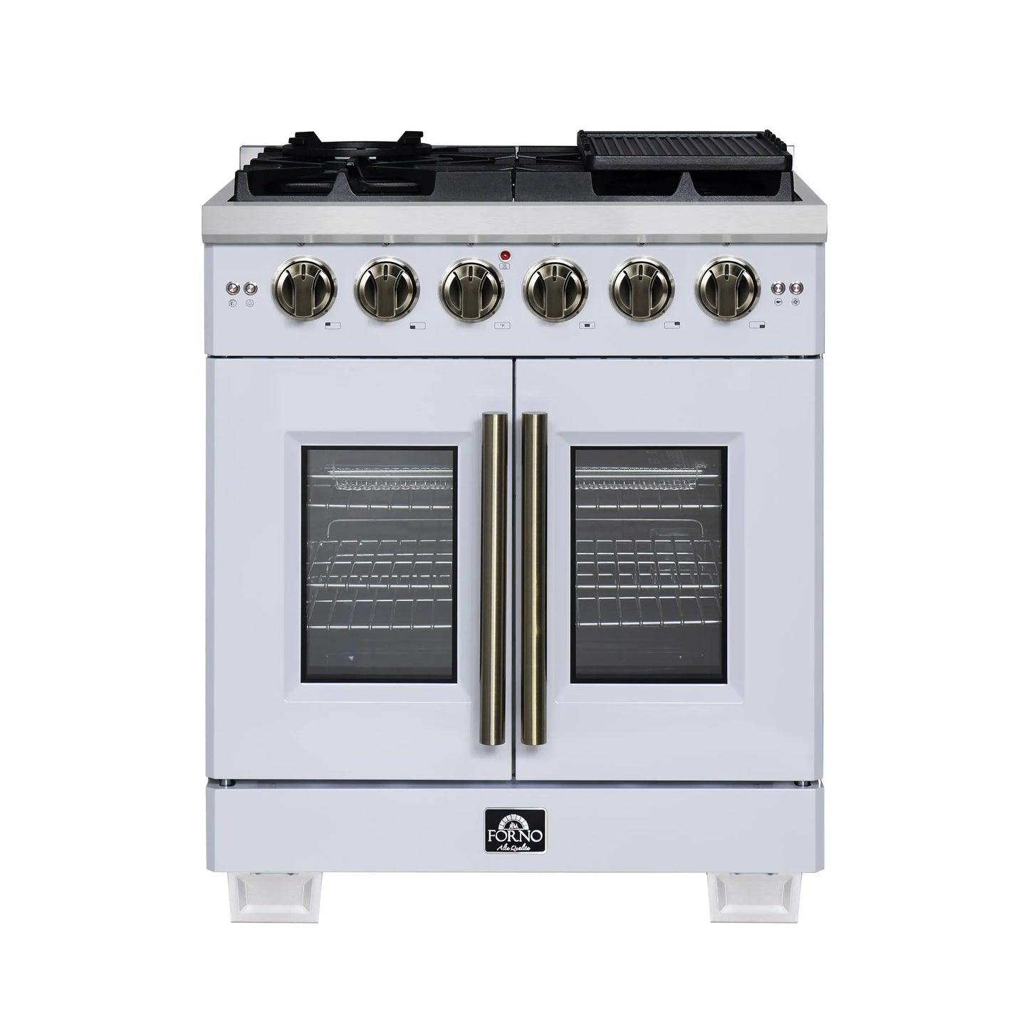 Forno Capriasca 30-Inch White Freestanding French Door Gas Range, 4 Burners, Convection Oven, Energy Efficient FORNO
