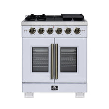 Forno Capriasca 30-Inch White Freestanding French Door Gas Range, 4 Burners, Convection Oven, Energy Efficient FORNO