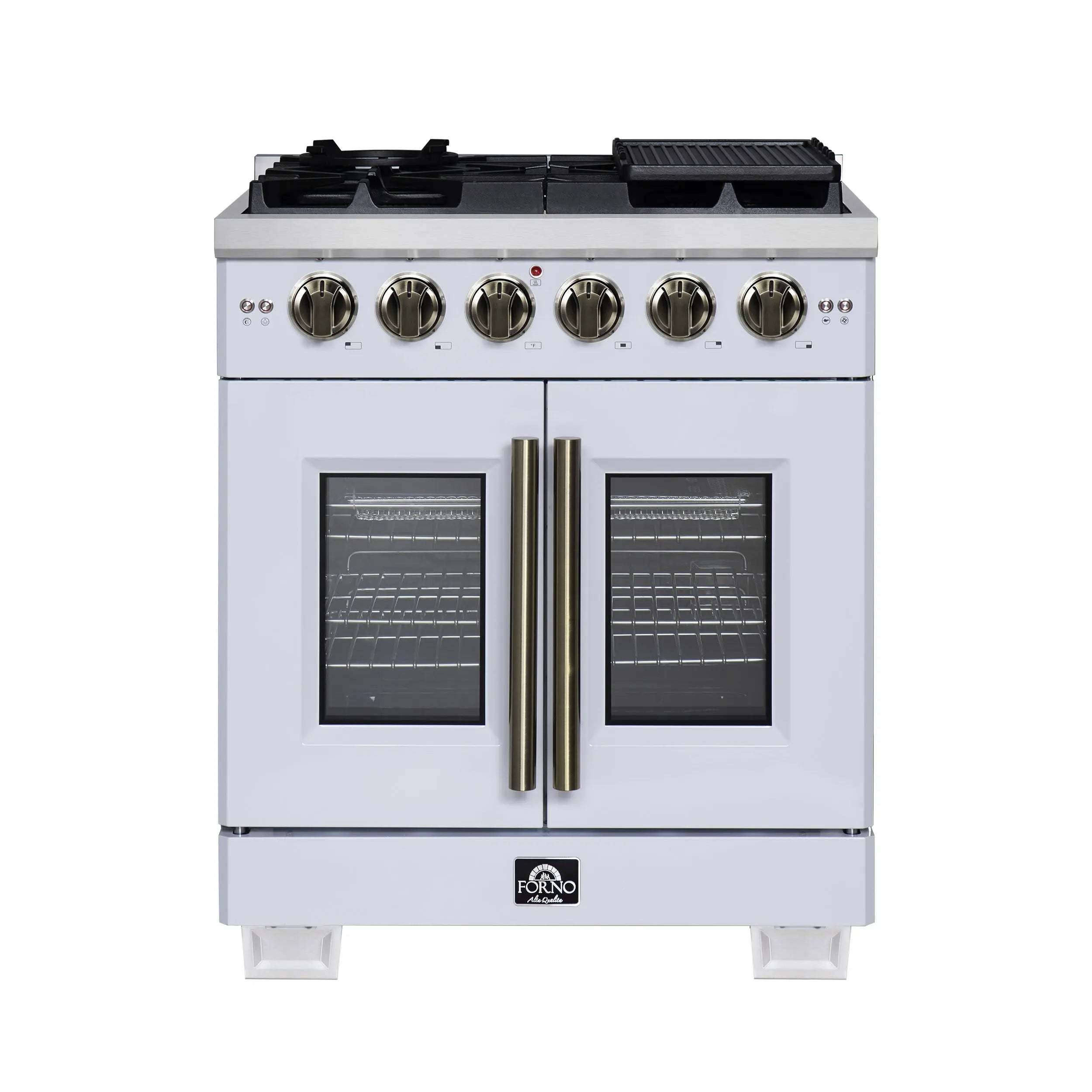 Forno Capriasca 30-Inch White Freestanding French Door Gas Range, 4 Burners, Convection Oven, Energy Efficient FORNO