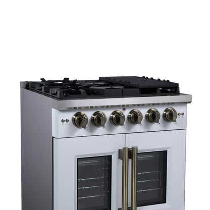 Forno Capriasca 30-Inch White Freestanding French Door Gas Range, 4 Burners, Convection Oven, Energy Efficient FORNO