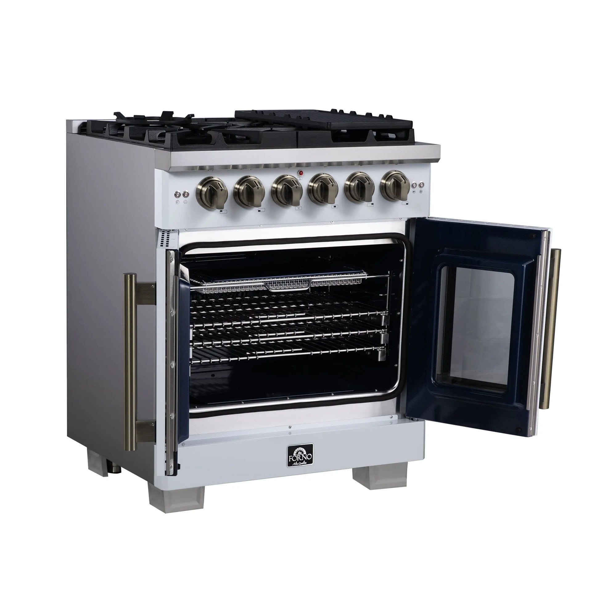 Forno Capriasca 30-Inch White Freestanding French Door Gas Range, 4 Burners, Convection Oven, Energy Efficient FORNO