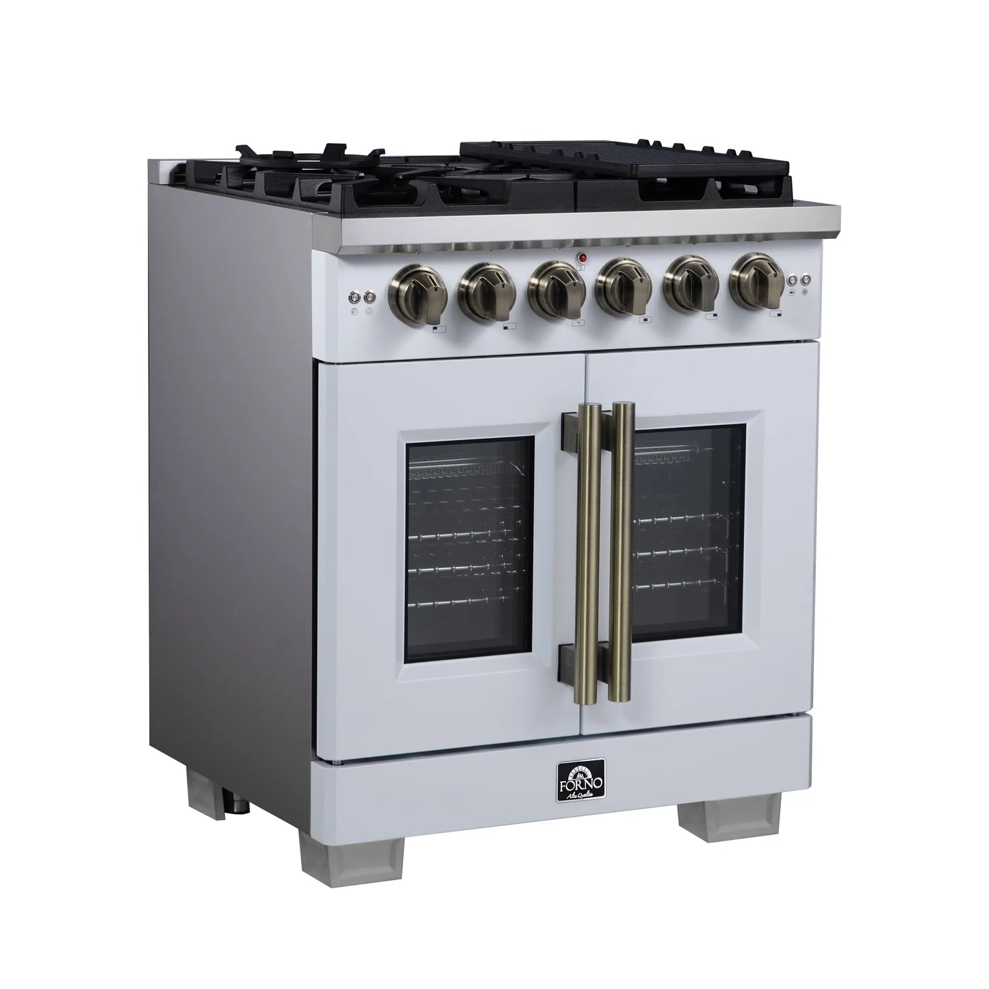 Forno Capriasca 30-Inch White Freestanding French Door Gas Range, 4 Burners, Convection Oven, Energy Efficient FORNO