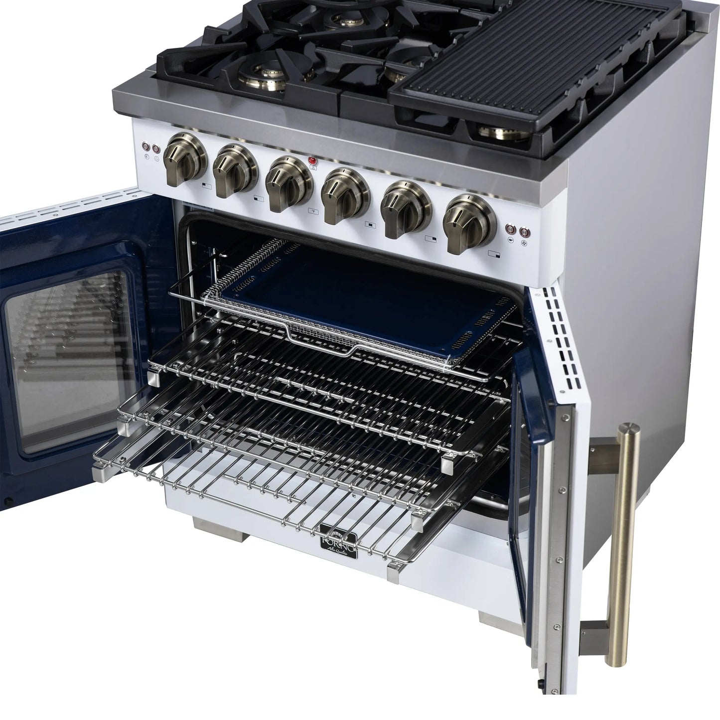 Forno Capriasca 30-Inch White Freestanding French Door Gas Range, 4 Burners, Convection Oven, Energy Efficient FORNO