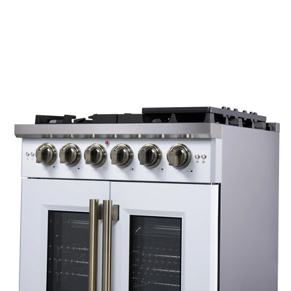 Forno Capriasca 30-Inch White Freestanding French Door Gas Range, 4 Burners, Convection Oven, Energy Efficient FORNO