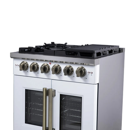 Forno Capriasca 30-Inch White Freestanding French Door Gas Range, 4 Burners, Convection Oven, Energy Efficient FORNO