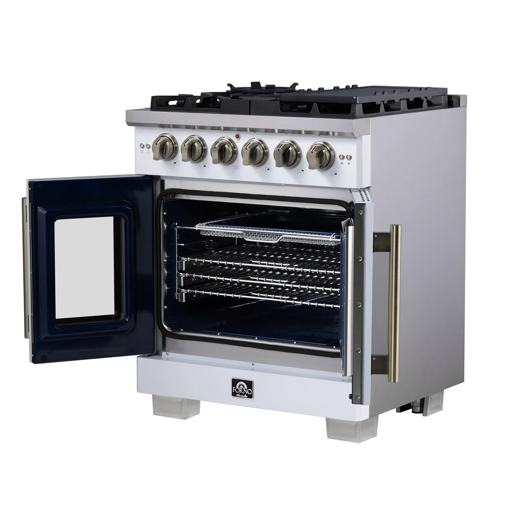Forno Capriasca 30-Inch White Freestanding French Door Gas Range, 4 Burners, Convection Oven, Energy Efficient FORNO