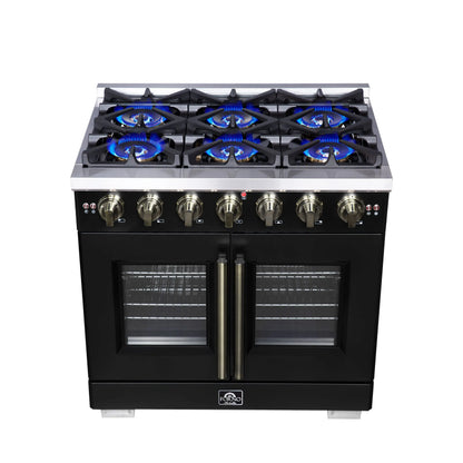 Forno Capriasca 36-Inch Black Freestanding French Door Gas Range, 6 Burners, Convection Oven, Energy Efficient FORNO