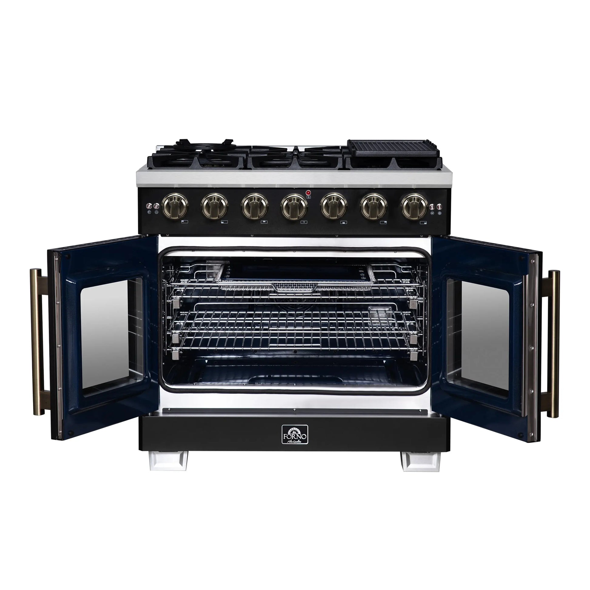 Forno Capriasca 36-Inch Black Freestanding French Door Gas Range, 6 Burners, Convection Oven, Energy Efficient FORNO
