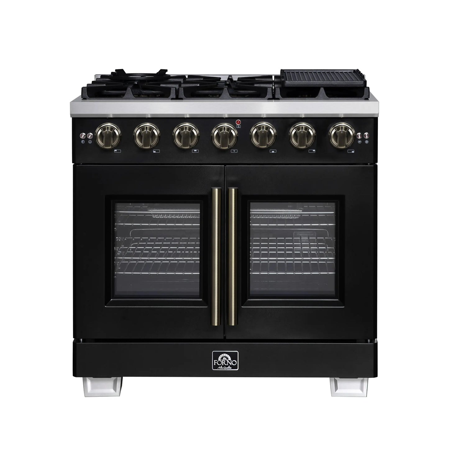 Forno Capriasca 36-Inch Black Freestanding French Door Gas Range, 6 Burners, Convection Oven, Energy Efficient FORNO