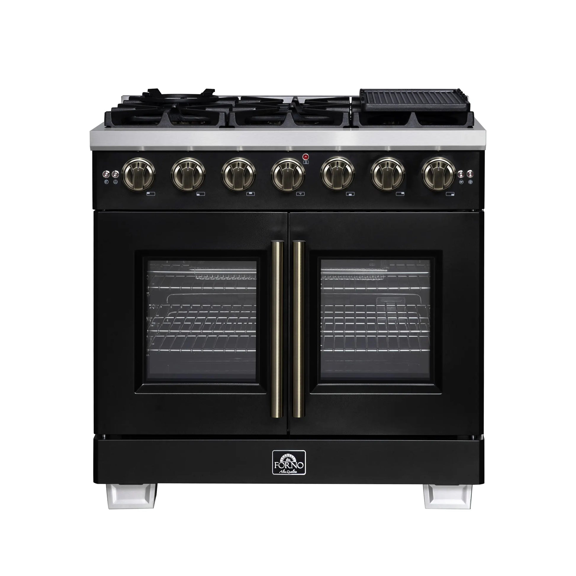 Forno Capriasca 36-Inch Black Freestanding French Door Gas Range, 6 Burners, Convection Oven, Energy Efficient FORNO