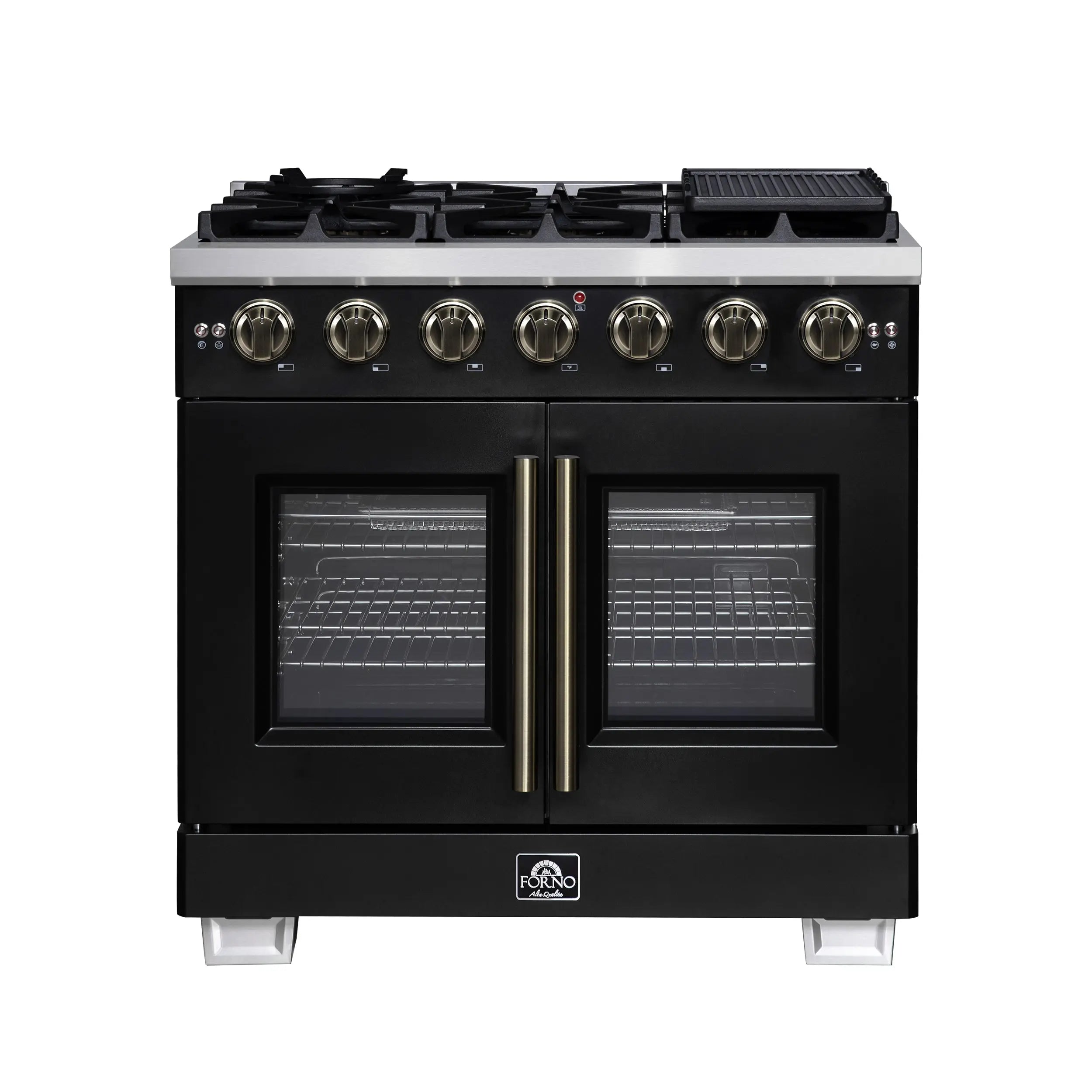Forno Capriasca 36-Inch Black Freestanding French Door Gas Range, 6 Burners, Convection Oven, Energy Efficient FORNO