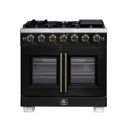 Forno Capriasca 36-Inch Black Freestanding French Door Gas Range, 6 Burners, Convection Oven, Energy Efficient FORNO