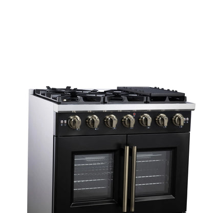 Forno Capriasca 36-Inch Black Freestanding French Door Gas Range, 6 Burners, Convection Oven, Energy Efficient FORNO