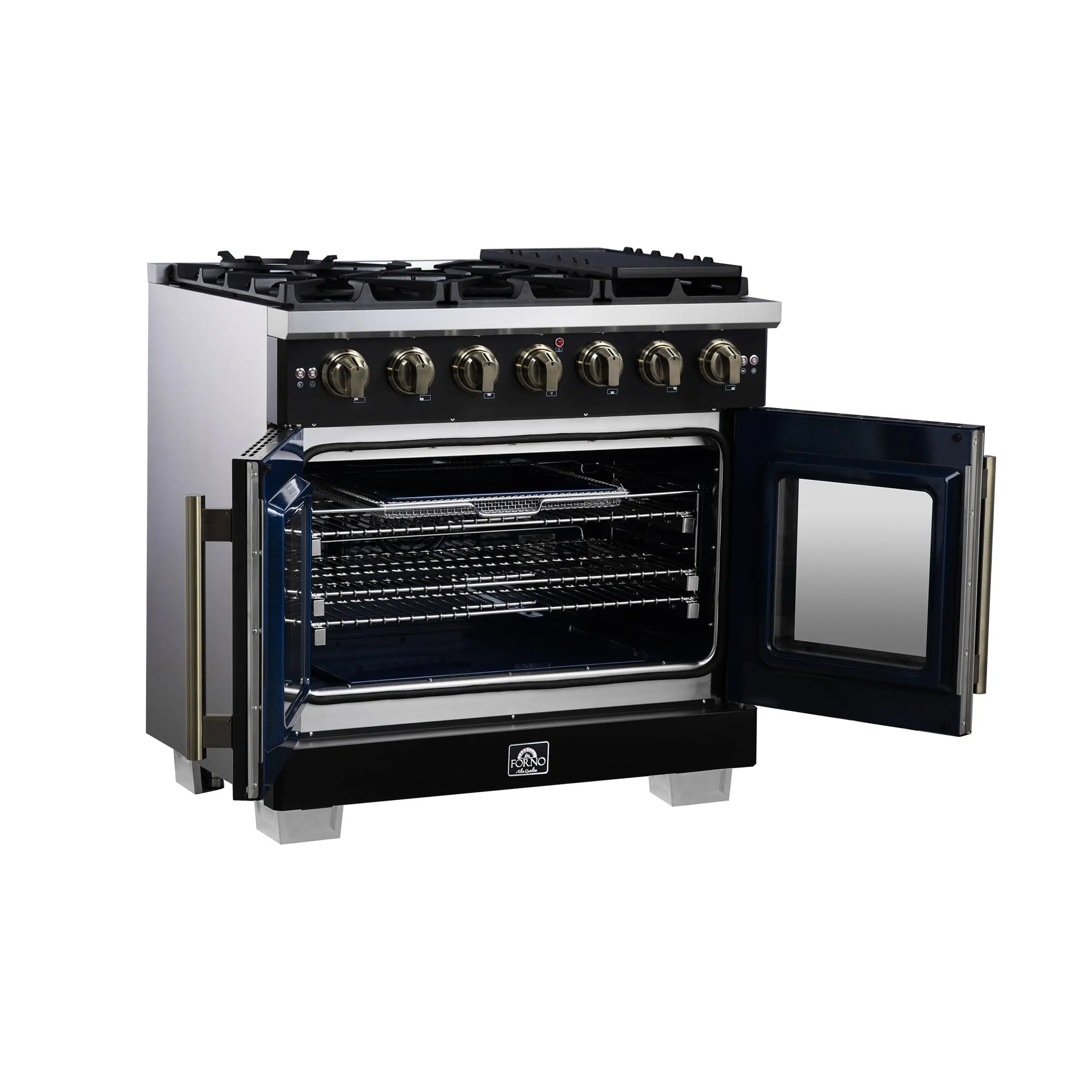 Forno Capriasca 36-Inch Black Freestanding French Door Gas Range, 6 Burners, Convection Oven, Energy Efficient FORNO