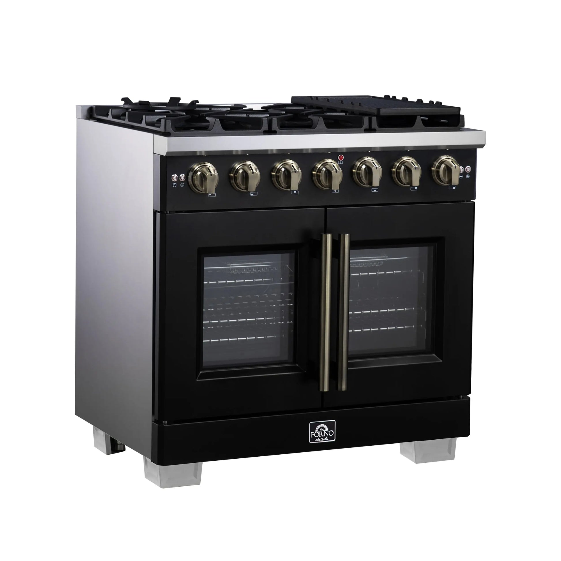 Forno Capriasca 36-Inch Black Freestanding French Door Gas Range, 6 Burners, Convection Oven, Energy Efficient FORNO