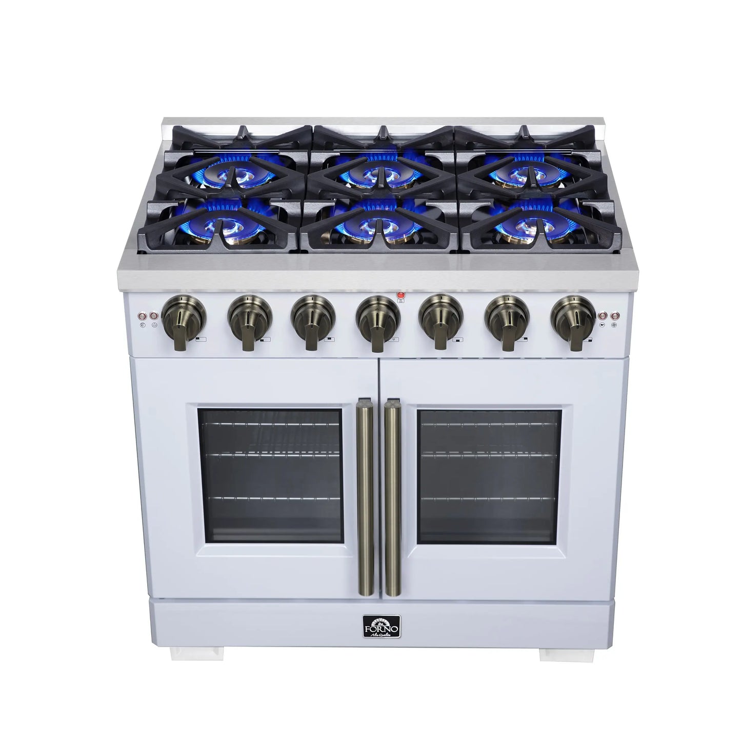 Forno Capriasca 36-Inch White Freestanding French Door Gas Range, 6 Burners, Convection Oven, Energy Efficient FORNO