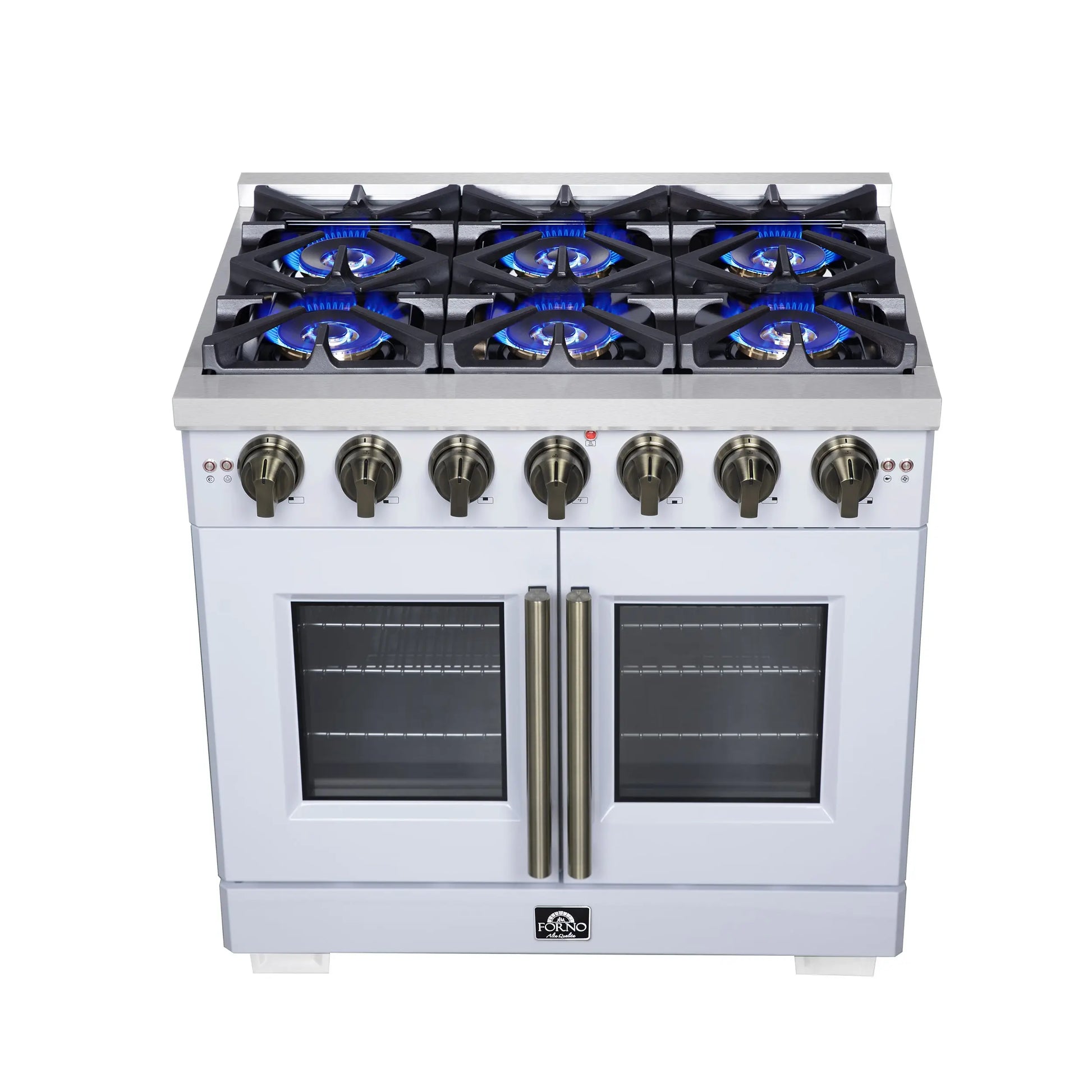 Forno Capriasca 36-Inch White Freestanding French Door Gas Range, 6 Burners, Convection Oven, Energy Efficient FORNO