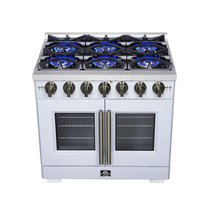 Forno Capriasca 36-Inch White Freestanding French Door Gas Range, 6 Burners, Convection Oven, Energy Efficient FORNO