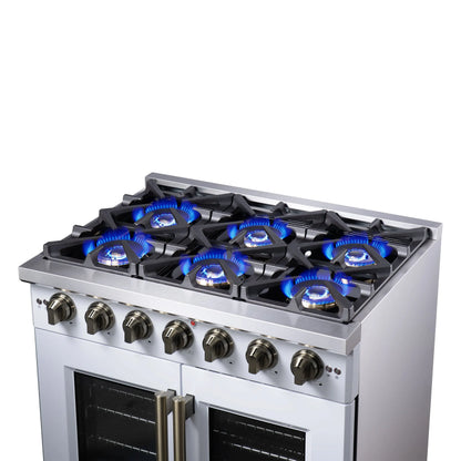 Forno Capriasca 36-Inch White Freestanding French Door Gas Range, 6 Burners, Convection Oven, Energy Efficient FORNO