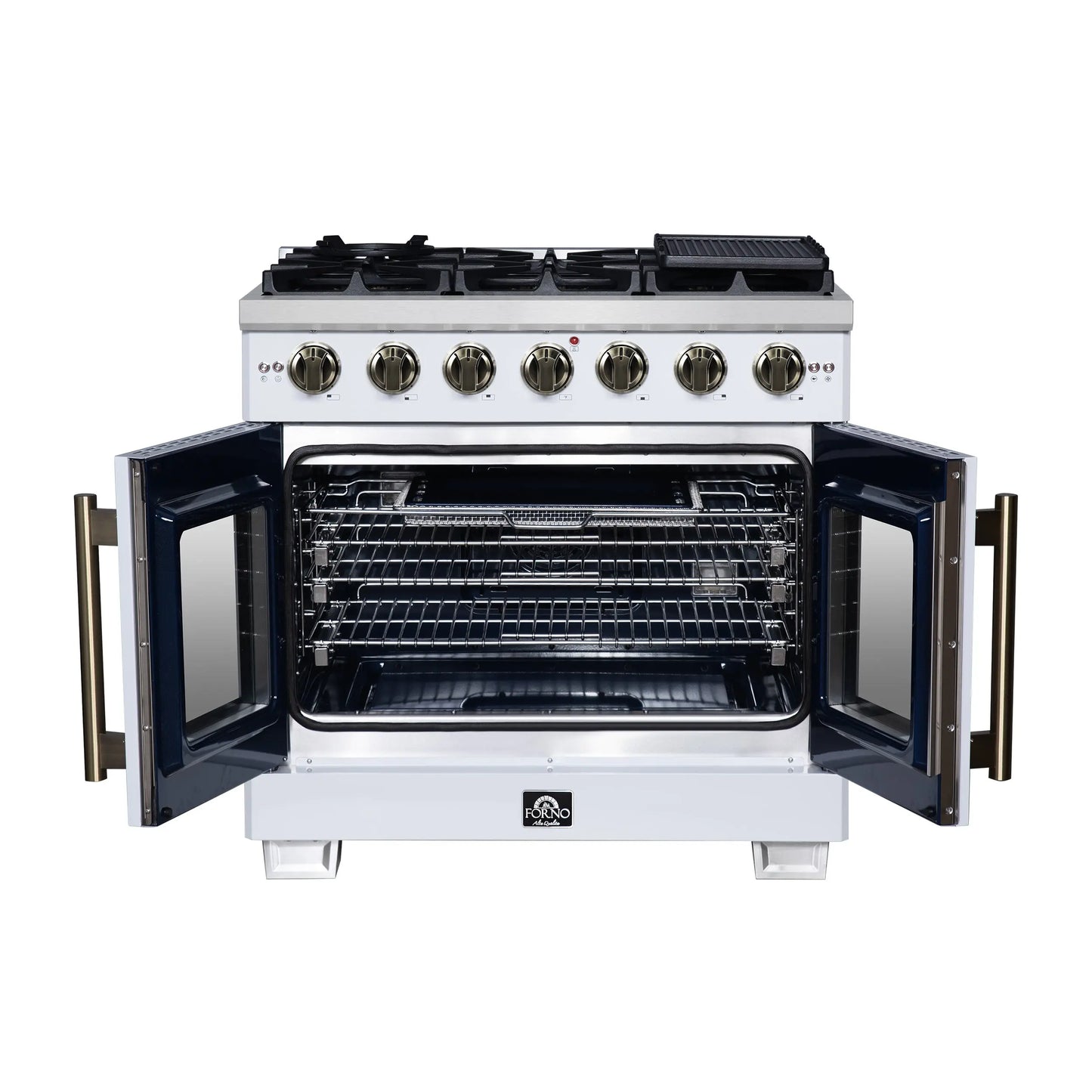 Forno Capriasca 36-Inch White Freestanding French Door Gas Range, 6 Burners, Convection Oven, Energy Efficient FORNO