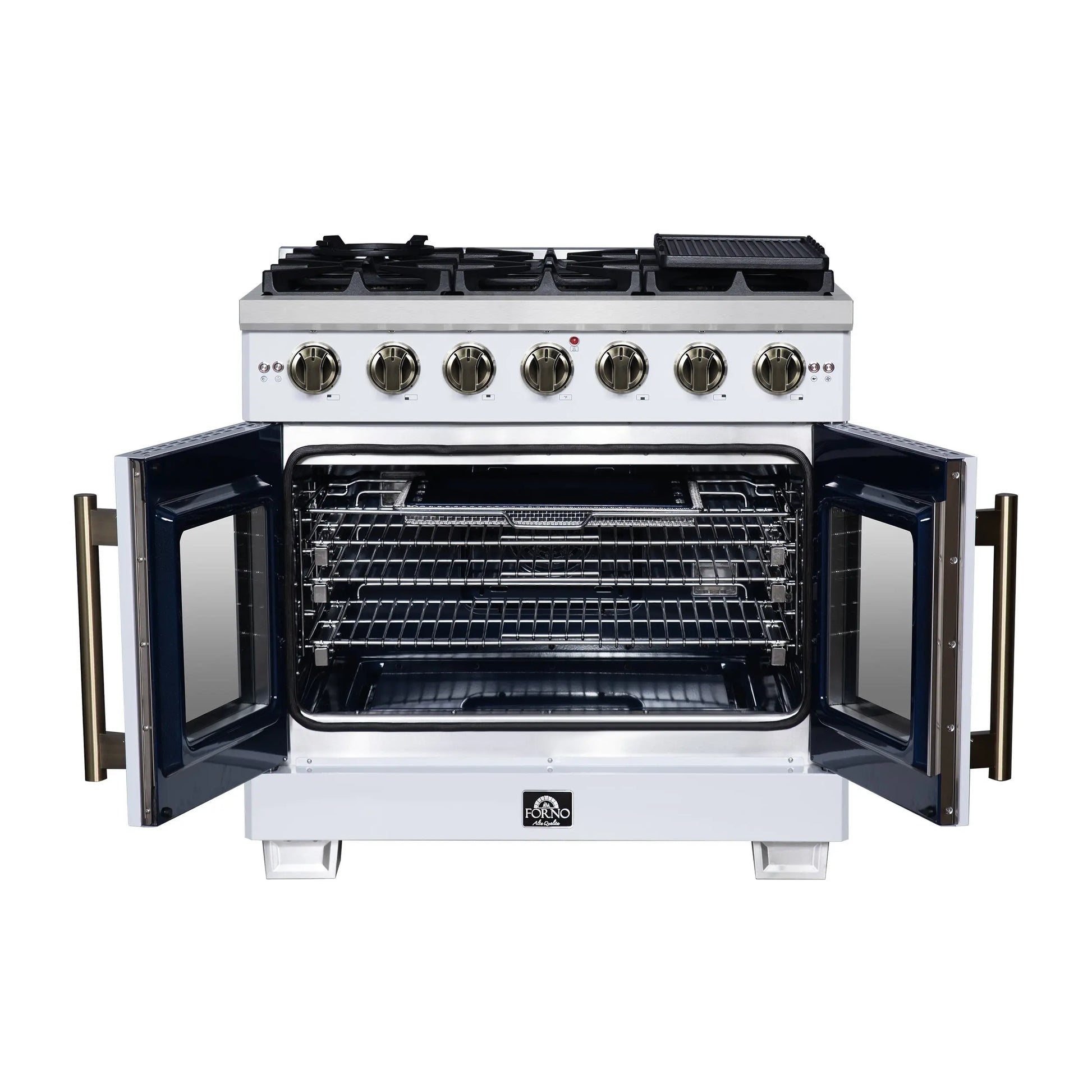 Forno Capriasca 36-Inch White Freestanding French Door Gas Range, 6 Burners, Convection Oven, Energy Efficient FORNO