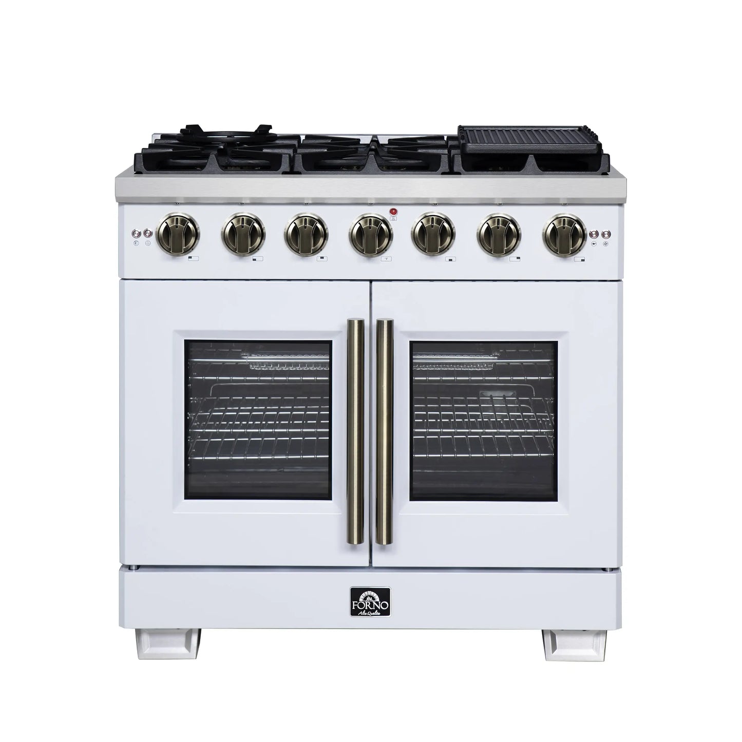 Forno Capriasca 36-Inch White Freestanding French Door Gas Range, 6 Burners, Convection Oven, Energy Efficient FORNO