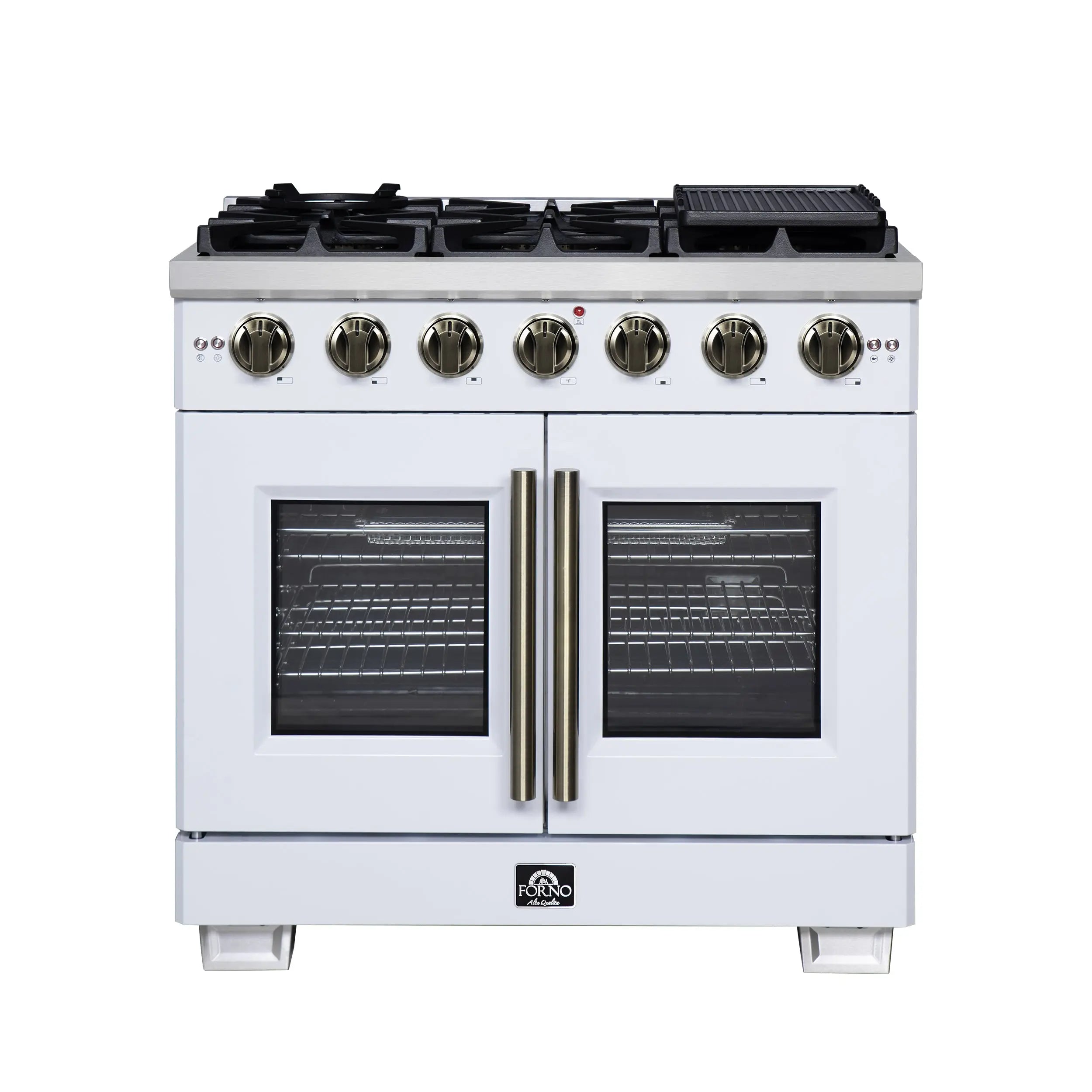 Forno Capriasca 36-Inch White Freestanding French Door Gas Range, 6 Burners, Convection Oven, Energy Efficient FORNO