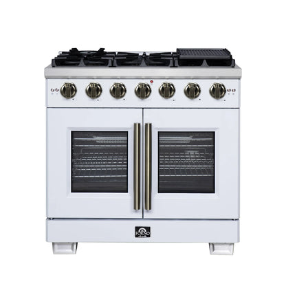 Forno Capriasca 36-Inch White Freestanding French Door Gas Range, 6 Burners, Convection Oven, Energy Efficient FORNO